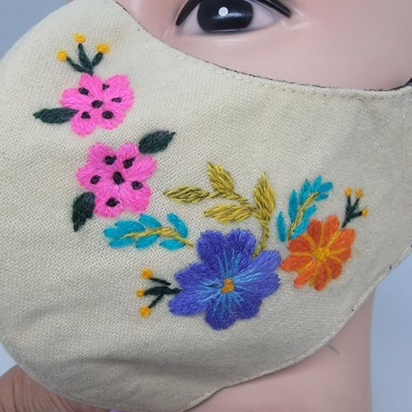 New Face cover ear loop Cream Mask Women's Embroidered handmade forest flowers - Picture 1 of 6